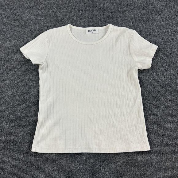 Parke Top Womens Medium Baby Tee White Ribbed Pointelle Knit Minimalist Comfy - Picture 2 of 10